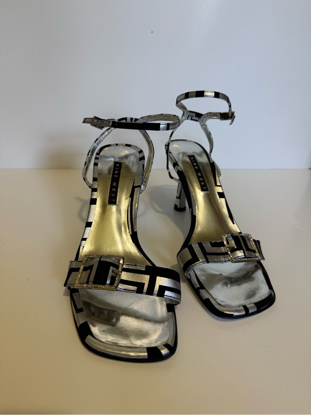 Nine West Black and Silver Strappy Geometric Heels